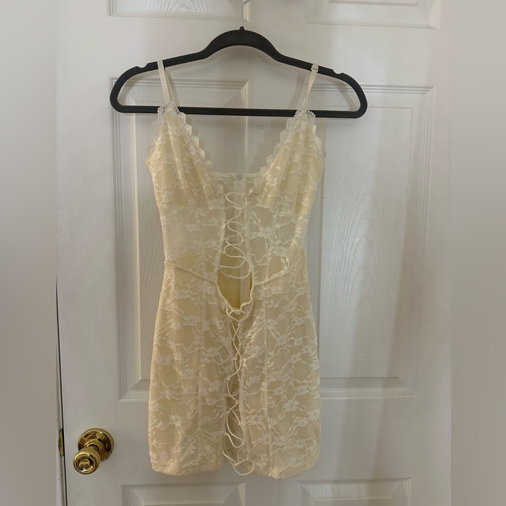 Lace-Up Ivory Lace Mini Dress